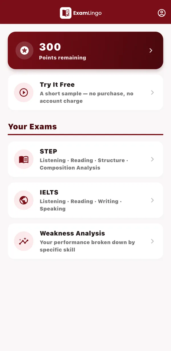 Home screen with STEP, IELTS and Weakness Analysis